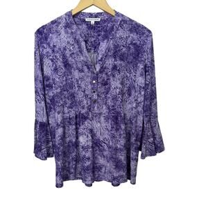 Notations Boho Popover Top Large urple V Neck 3/4‎ Bell Sleeve Pintucks Festival